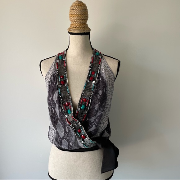 BEBE Silk Beaded Snake Printed Top - Picture 3 of 16